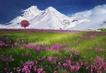 Bergwiese und Alpen mit Baum