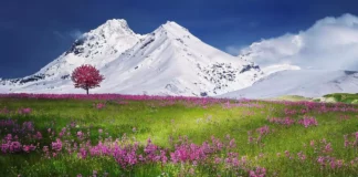 Bergwiese und Alpen mit Baum