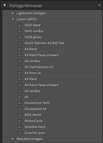 Vorlagen im Druckmodul von Lightroom