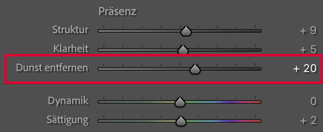Dunst entfernen Regler in Lightroom