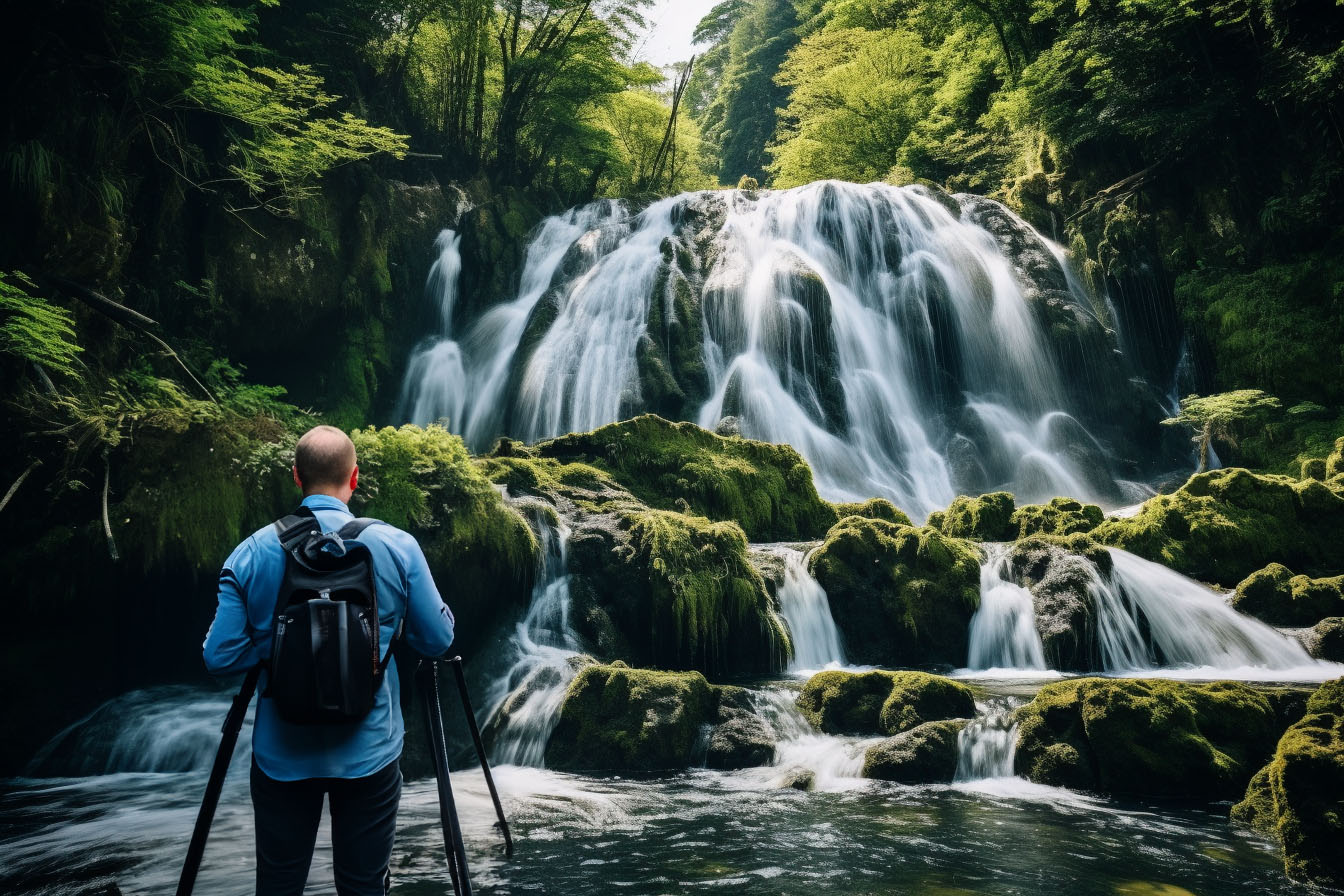 Wasserfall und Fotograf, fließendes Wasser fotografieren
