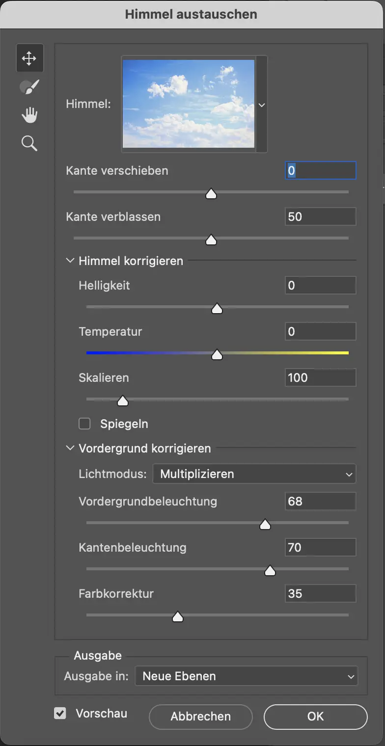 Optionen für den Tausch des Himmels