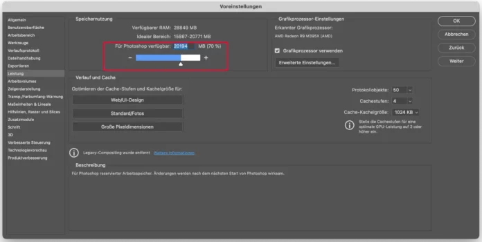 RAM Einstellung in Photoshop