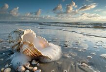 Muscheln am Strand mit Superweitwinkel aus Bodennähe