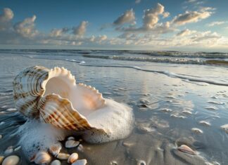 Muscheln am Strand mit Superweitwinkel aus Bodennähe