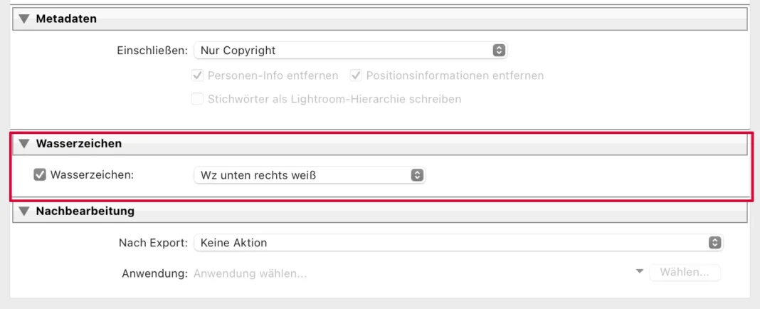 Wasserzeichen Einstellungen beim Exportieren